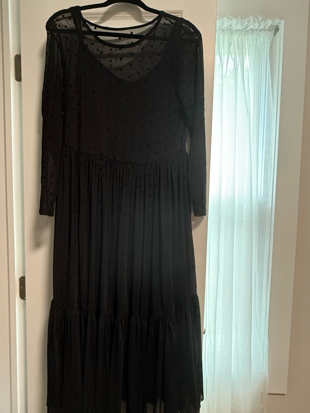 Black Sheer Dot Long-Sleeve Tiered Midi Dress — Classic Black